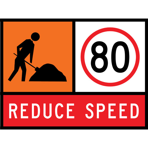 Workman Ahead (TC1332) with 80 km/h (TC1217-80) and Reduce Speed (TC1220) Multi Message Traffic Control Sign - Queensland