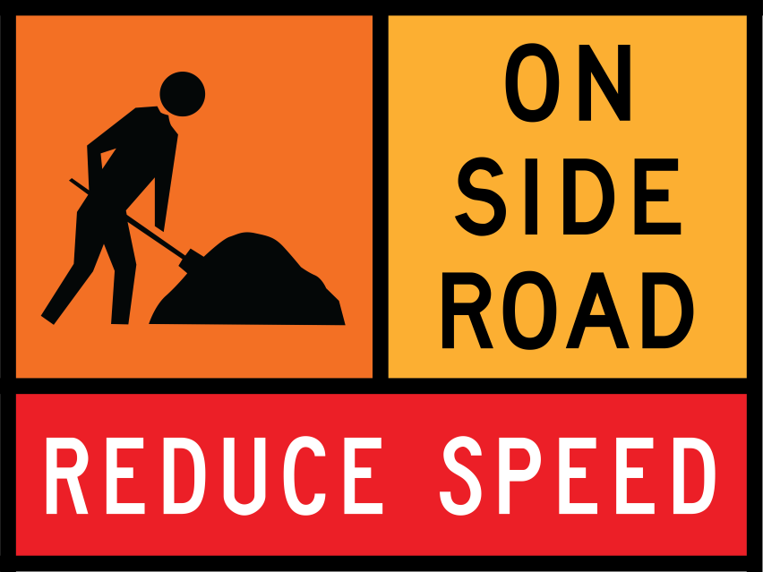 Workman Ahead (TC1332) with On Side Road (TC1820) and Reduce Speed (TC1220) Multi Message Traffic Control Sign - Queensland