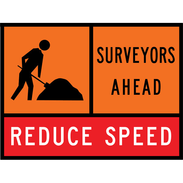Workman Ahead (TC1332) with Surveyors Ahead (TC1312) and Reduce Speed (TC1220) Multi Message Traffic Control Sign - Queensland