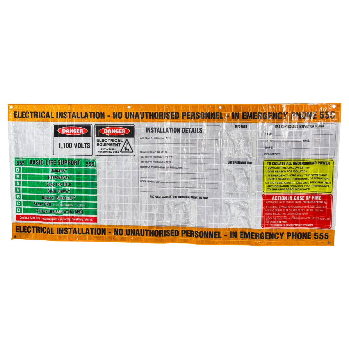 1,100 High Voltage Electrical Reflective Roll Up DCB Banner / Distribution Control Board Safety Sign 2000mm x 1370mm