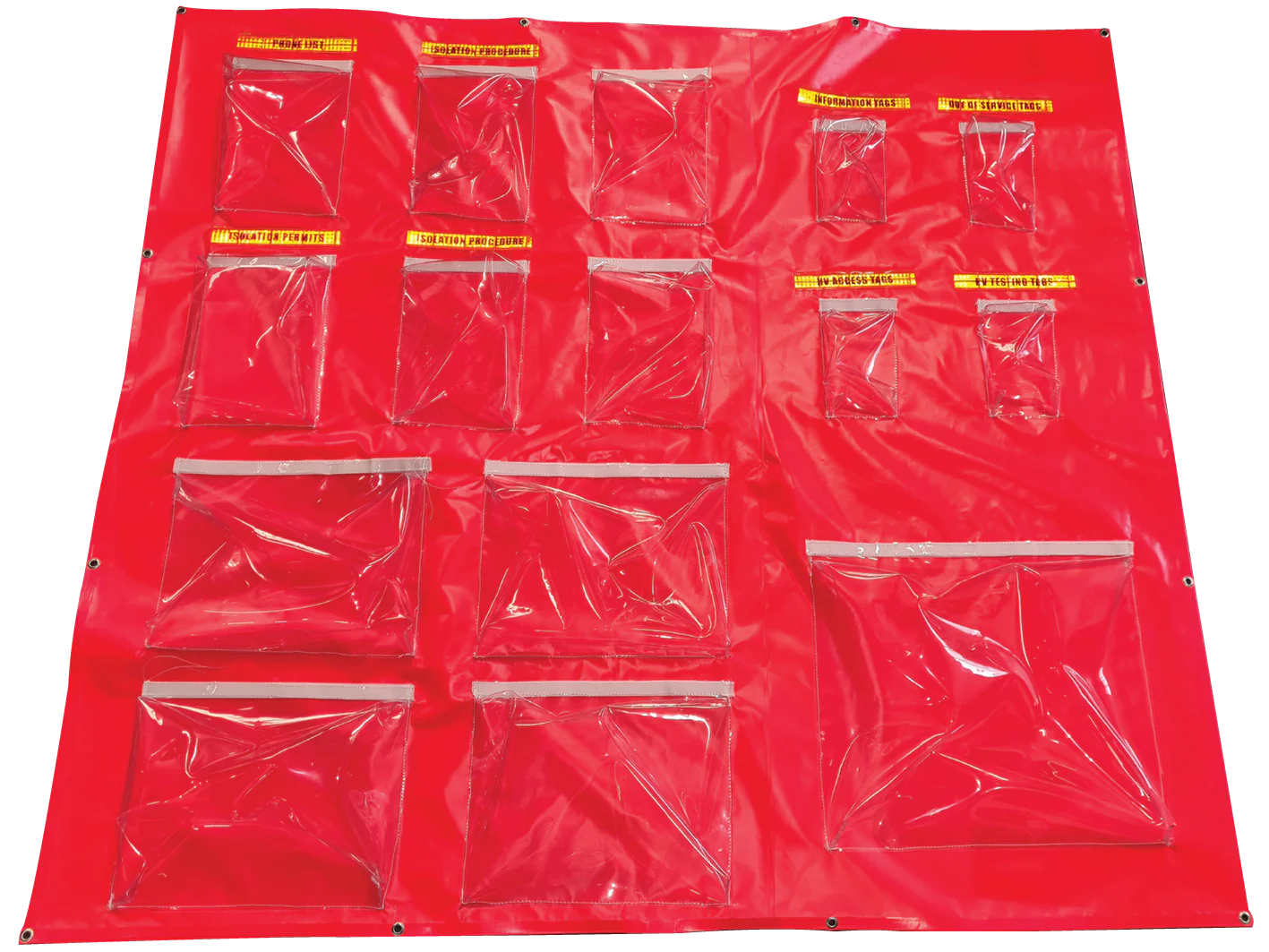 Custom-made mining tag storage banner with reflective heading panels, multiple clear document sleeves, and reinforced eyelets for underground and industrial site use.