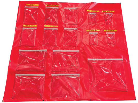 Custom-made mining tag storage banner with reflective heading panels, multiple clear document sleeves, and reinforced eyelets for underground and industrial site use.