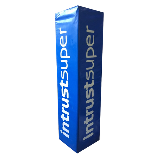 Blue square rugby goal post pad with white Intrust Super branding.