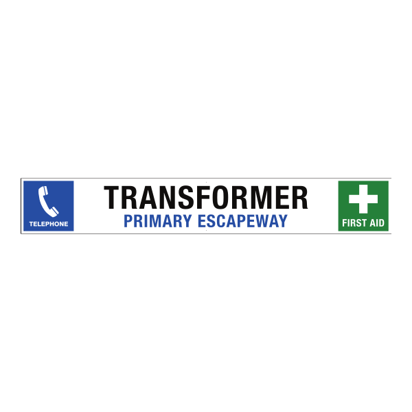 Side 1 of Australian-made reflective banner with Transformer, Primary Escapeway, Telephone and First Aid artwork