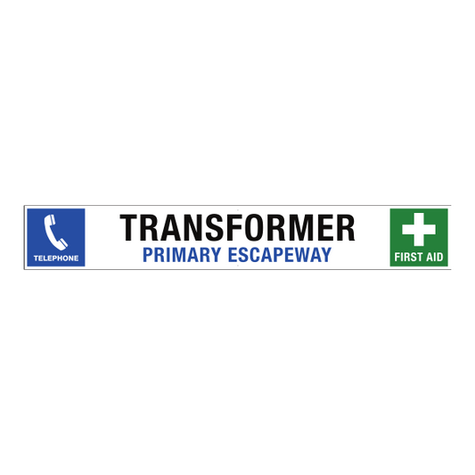 Side 1 of Australian-made reflective banner with Transformer, Primary Escapeway, Telephone and First Aid artwork